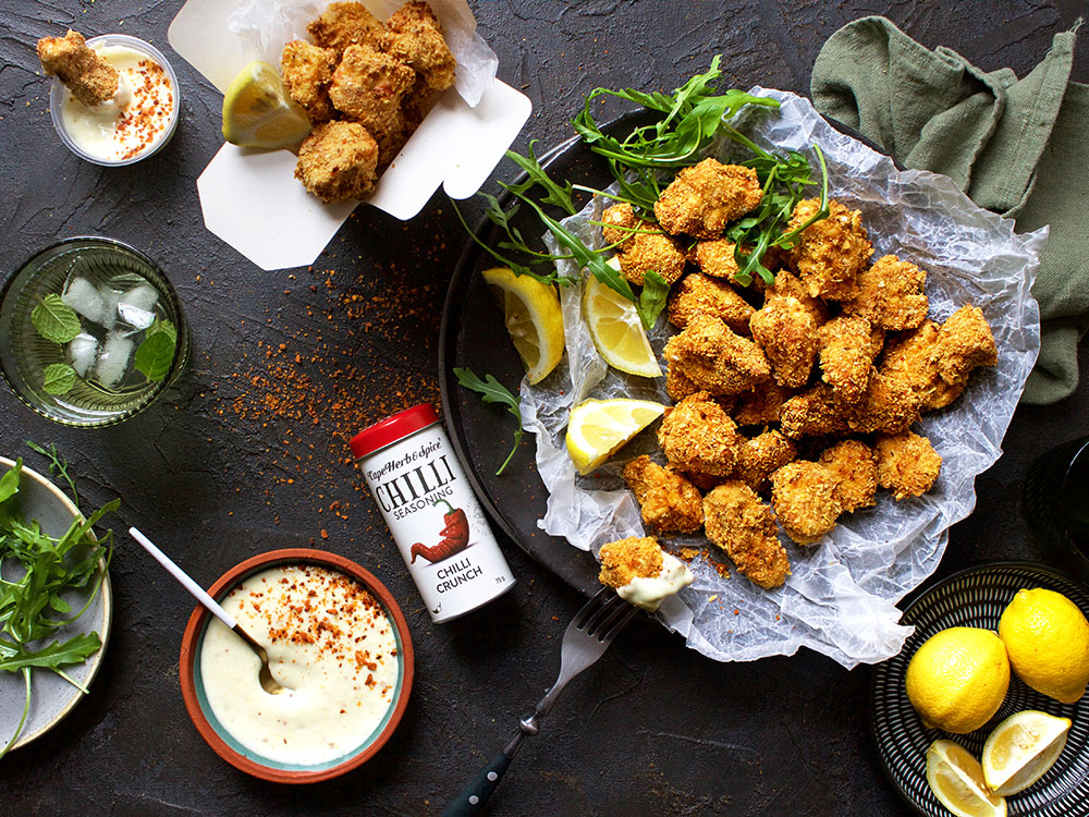 Air fryer chicken nuggets with spicy lemon mayo dip
